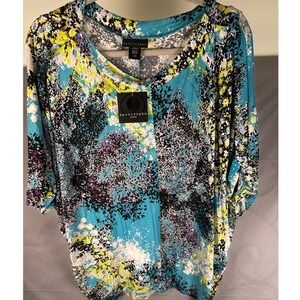 Apostrophe Womens Multicolor Abstract Dolman Sleeve Blue Black Flowy Blouse L